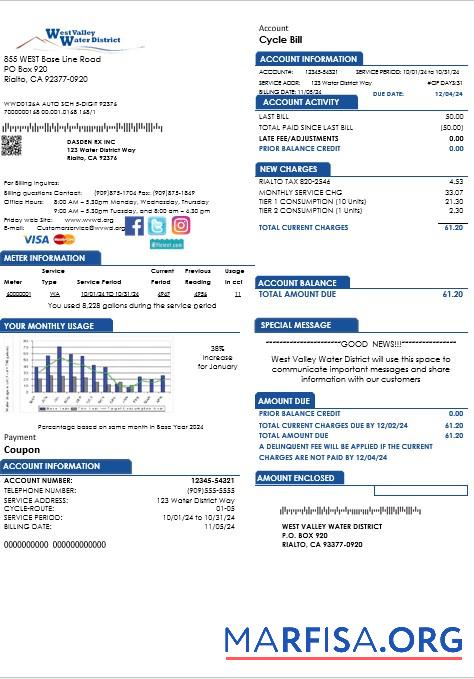 Printable USA California West Valley Water District business utility bill template in Word and PDF formats